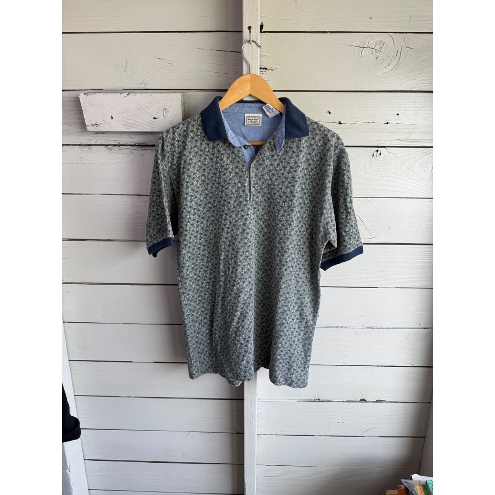 Bugle Boy Company  Medium Green Blue Palm Tree Print Polo Shirt Vintage Style